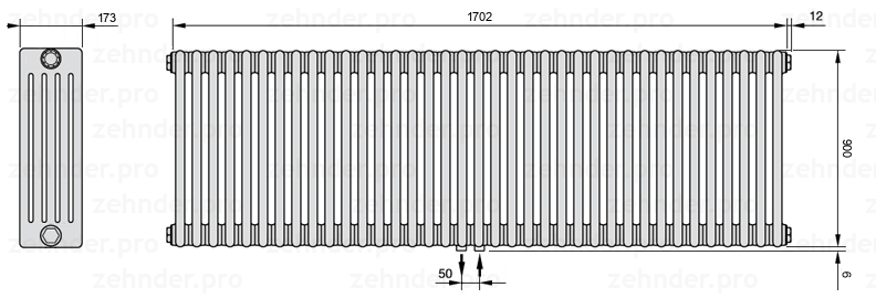 Схема (чертеж) Радиатор Zehnder Charleston 5090/37 №5410 Белый глянцевый RAL 9016